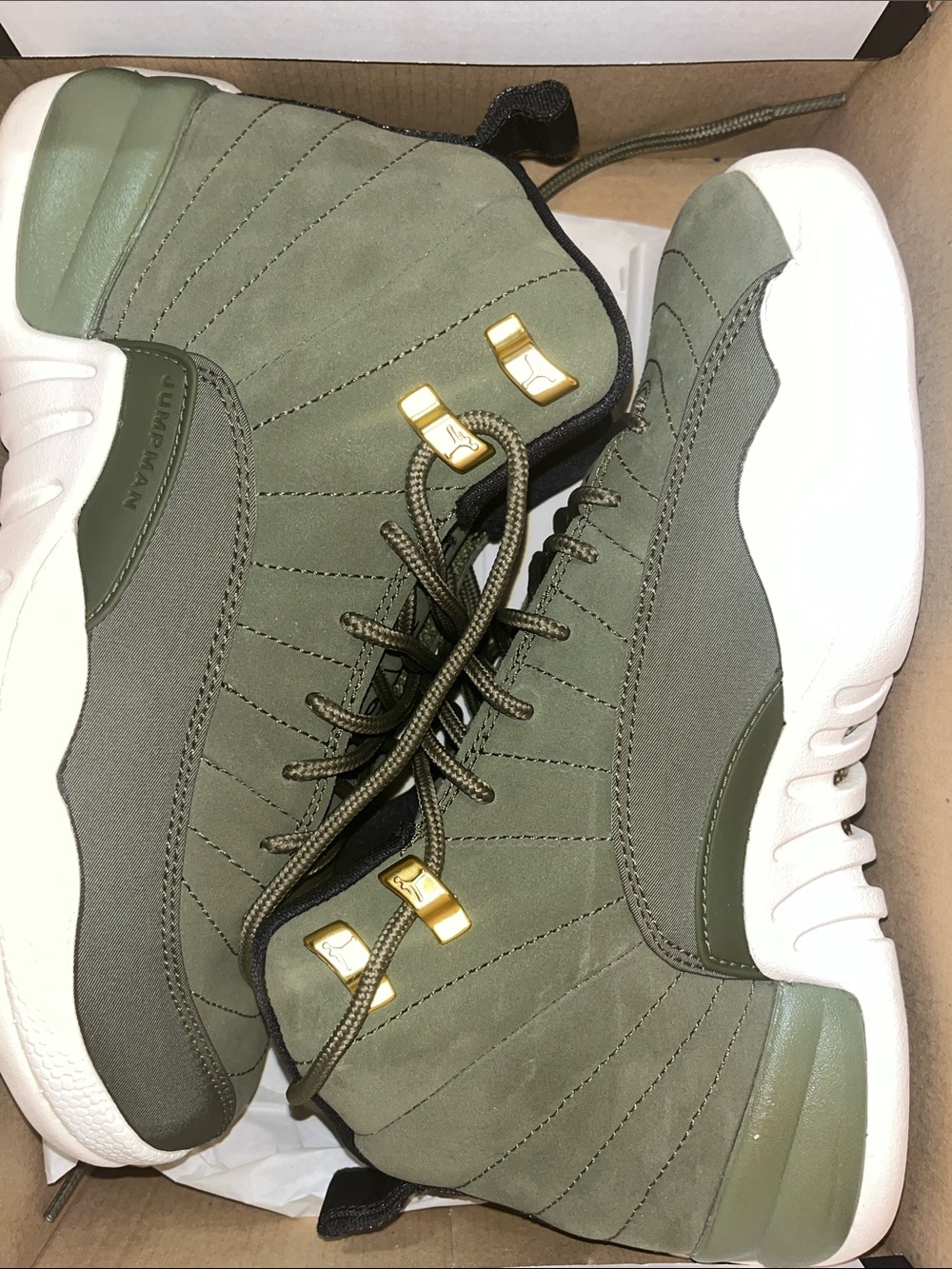 Jordan Olive Green and White High-Top Sneakers with Gold Accents